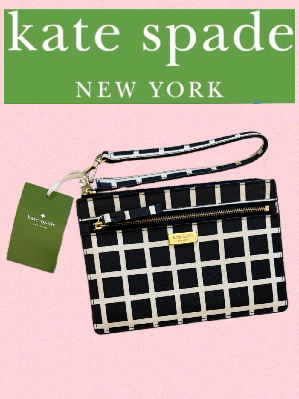 NWT Kate Spade Tinie Laurel Way Black and White check Wristlet